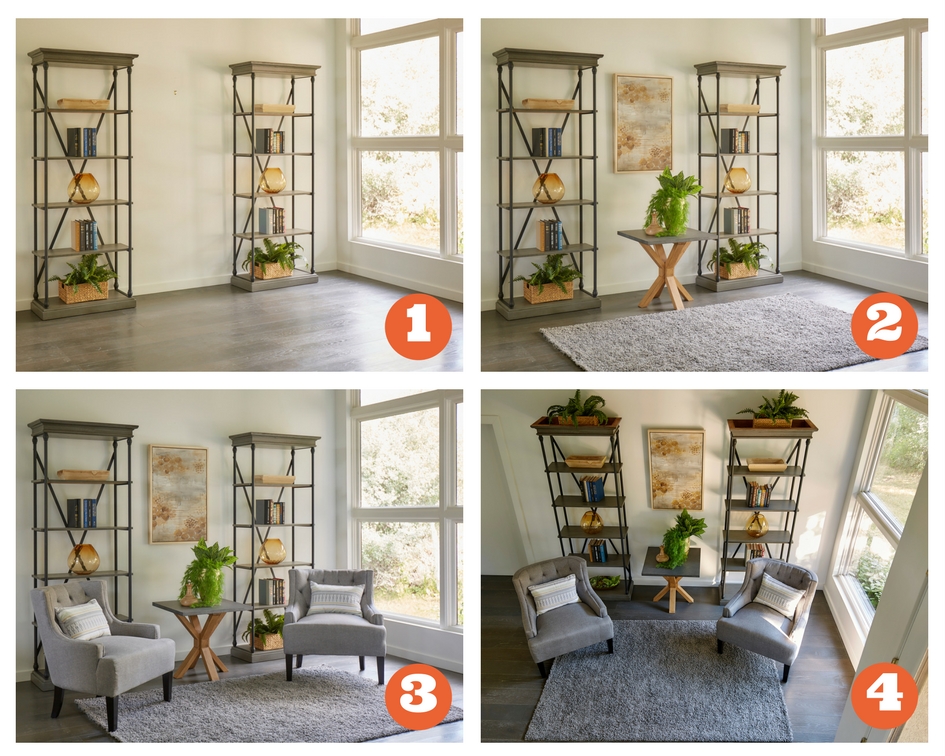 This image is a grid of 4 smaller images to illustrate staging tips. Each one shows a step in the process of setting up the space.