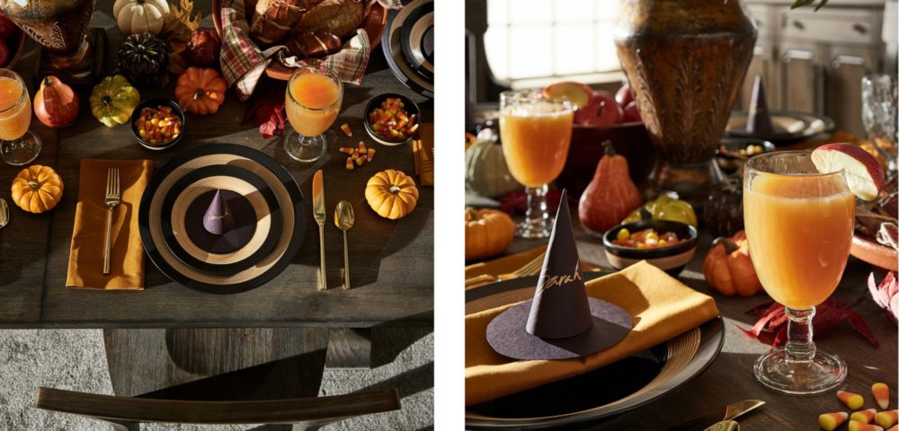 Two images show the elegant Halloween table setting. The image on the left is an aerial view at the full place setting. There are two stacked plates, each one with gold and black ringed design. There is also gold utensils and an orange cloth napkin. On top of the plate is a little paper witch hat. The right image is a closer view of the table setting. We see the paper witch hat and that it has a name written on it, indicating whom the place setting is for. There are also two glasses of orange juice.