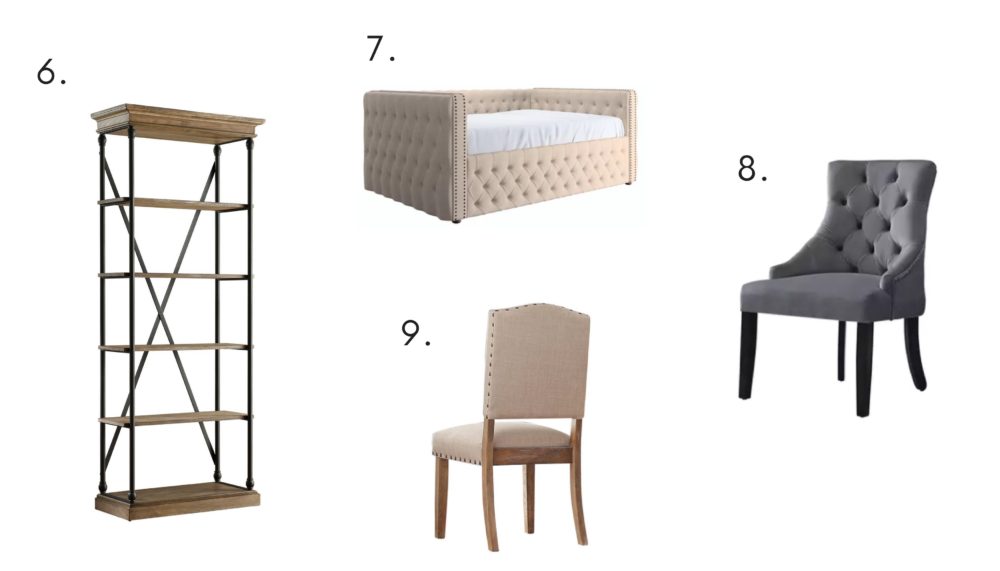 This image features four more pieces of furniture set against a white background. Each piece is numbered 6-9. Number 6 is a cornice 5-shelf bookcase, 7 is a beige linen tufted daybed, 8 is a grey linen tufted wingback chair, and 9 is a beige linen side chair with a nailhead trim.