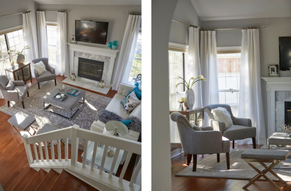 Two images of our Illinois home makeover are displayed here. The one on the left is a top-down view of the formal front living room. The image on the right focuses on the left side of the living room, showing the two grey linen upholstered accent chairs, a cabinet, and a grey linen upholstered stool. 
