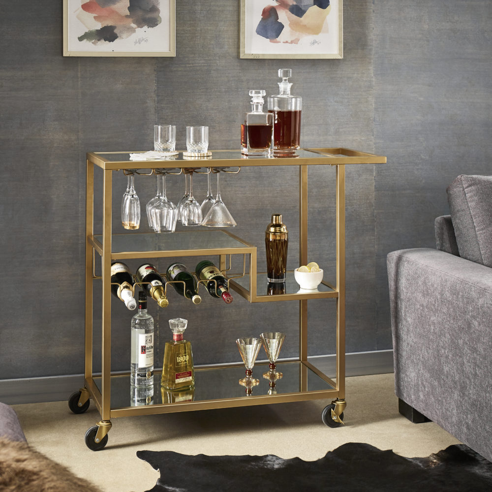 gold mirrored bar cart with shelving and wine rack thanksgiving hosting