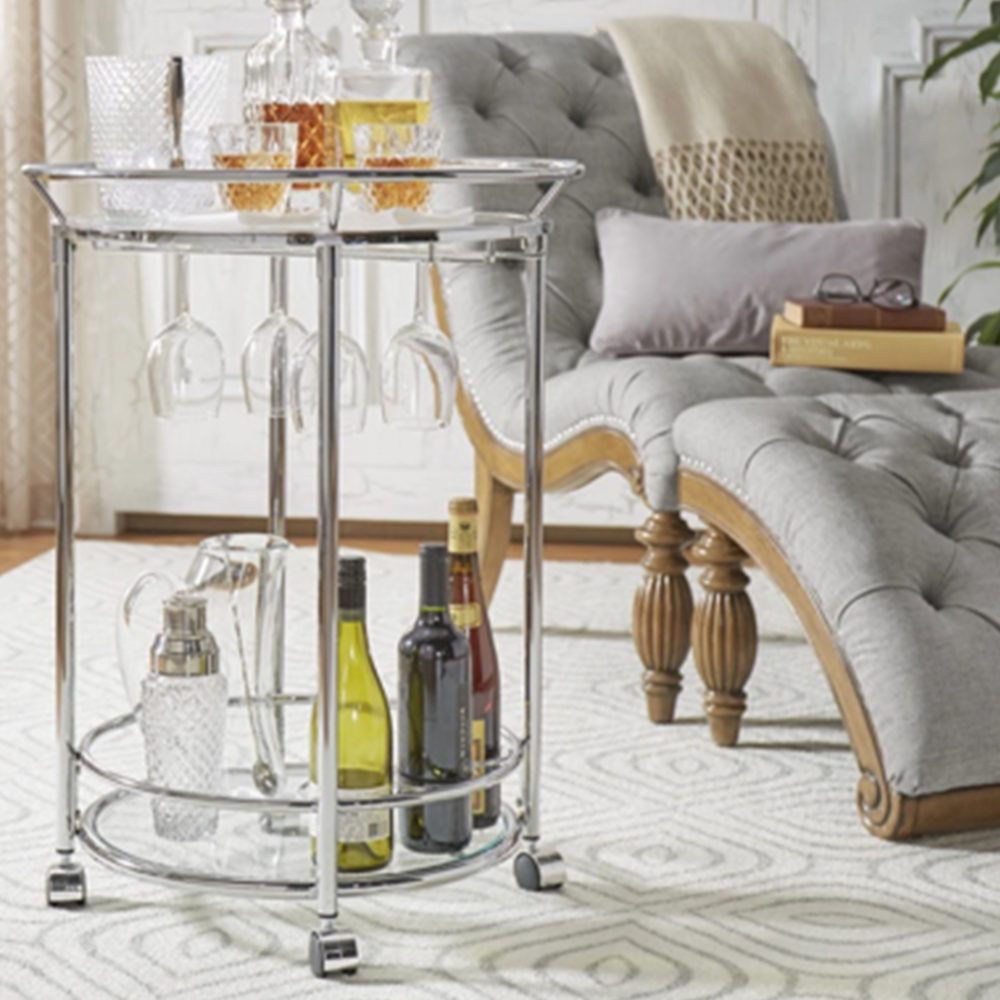 2-Tier chrome round mobile bar cart with wine glass rack and storage
