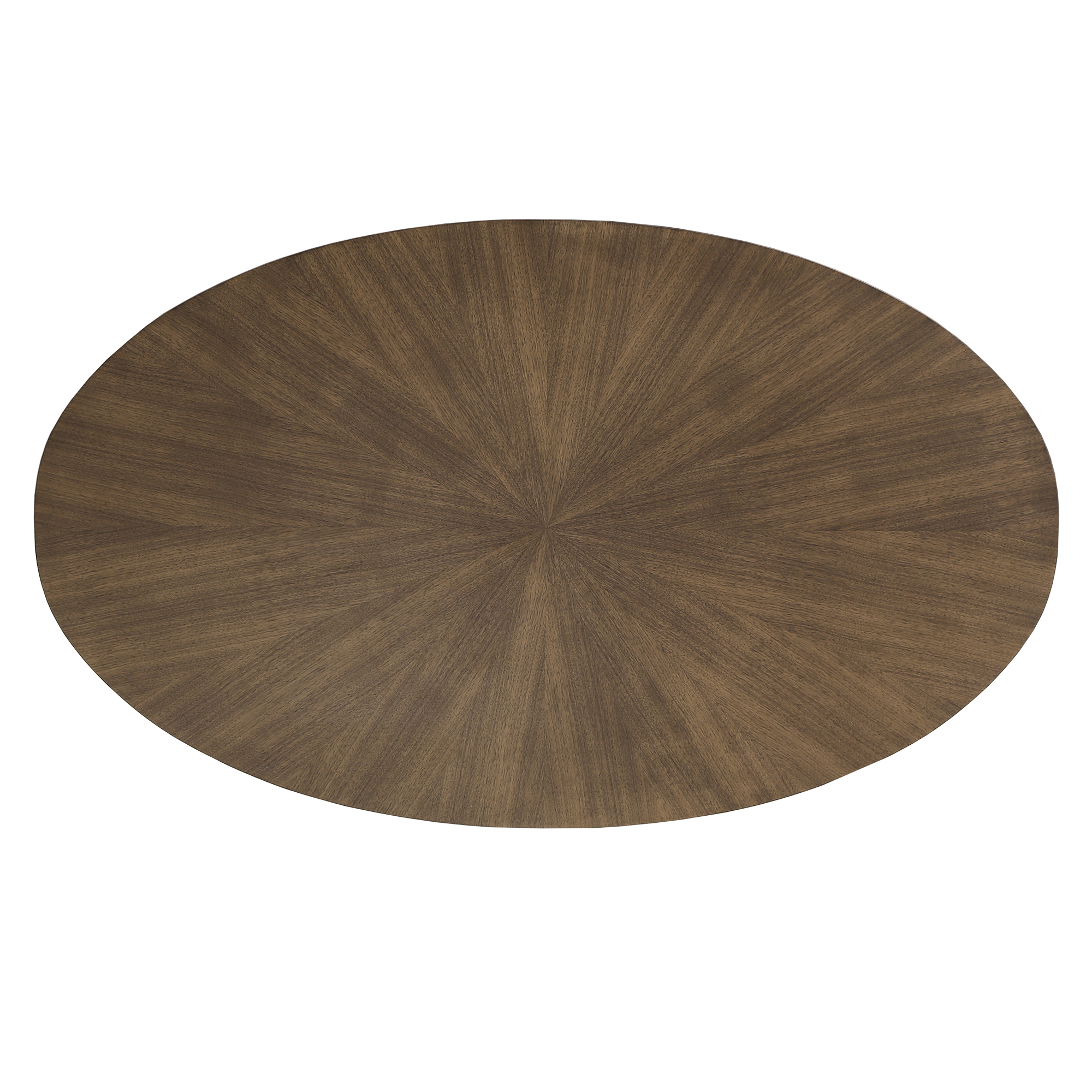 This is a top-down view of the Walnut Finish Oval Dining Table by iNSPIRE Q Modern. By viewing the table from the top, we can see the beautiful, sunburst inlay design.